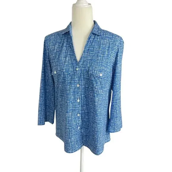 J. McLaughlin Catalina Cloth Button Front Top Blue Large Casual Classic Career - Picture 2 of 8